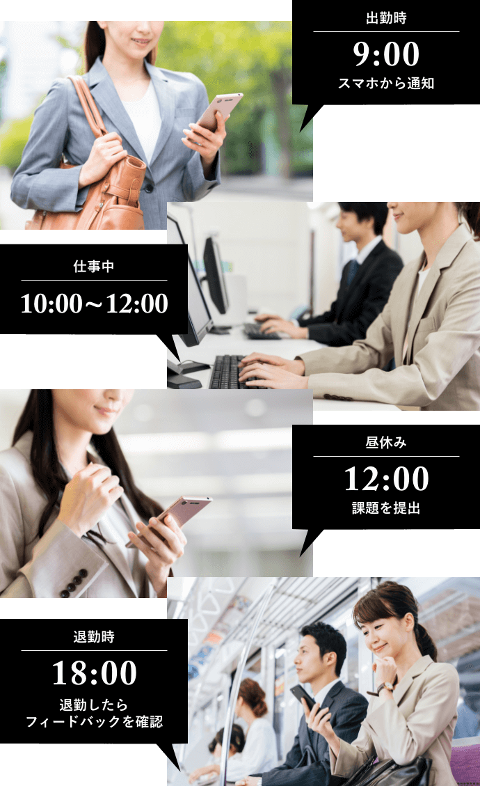 出勤時9:00スマホから通知 仕事中10:00~12:00 昼休み12:00課題を提出 退勤時18:00退勤したらフィードバックを確認