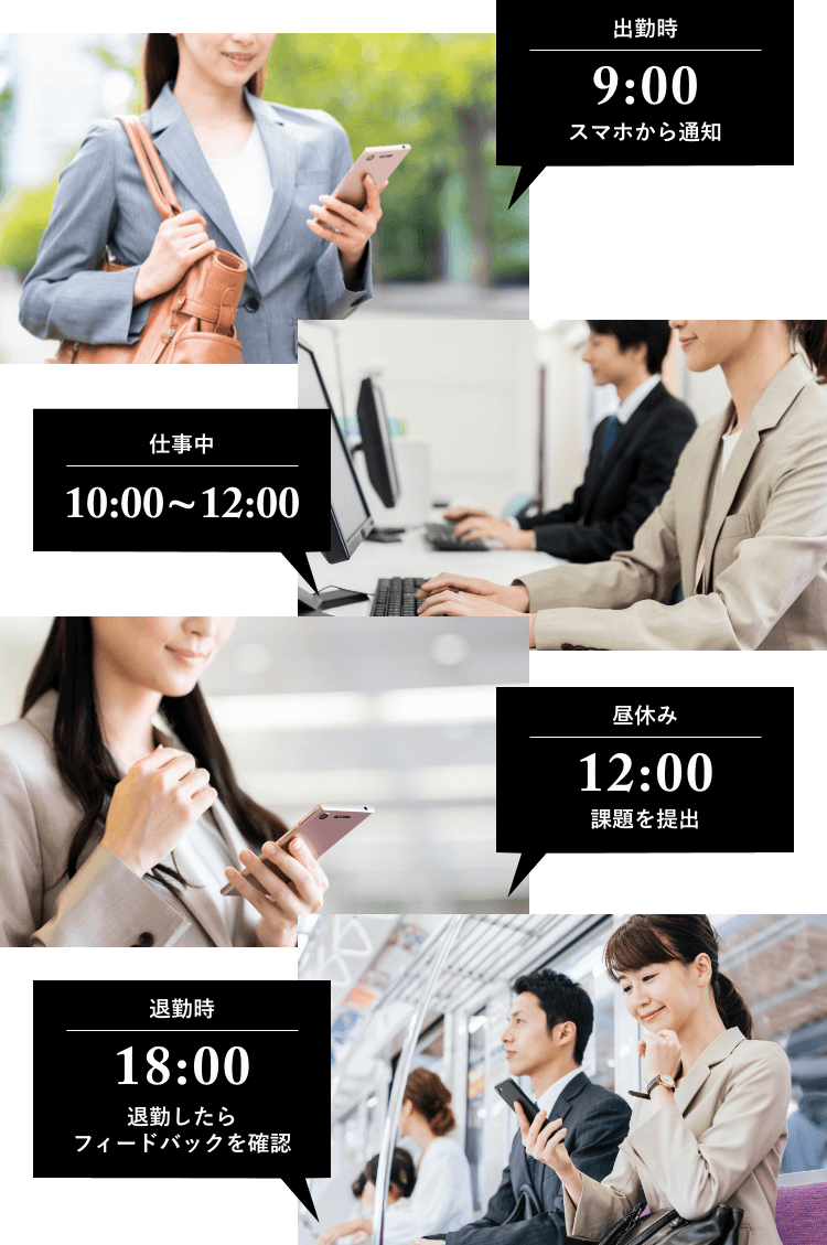 出勤時9:00スマホから通知 仕事中10:00~12:00 昼休み12:00課題を提出 退勤時18:00退勤したらフィードバックを確認